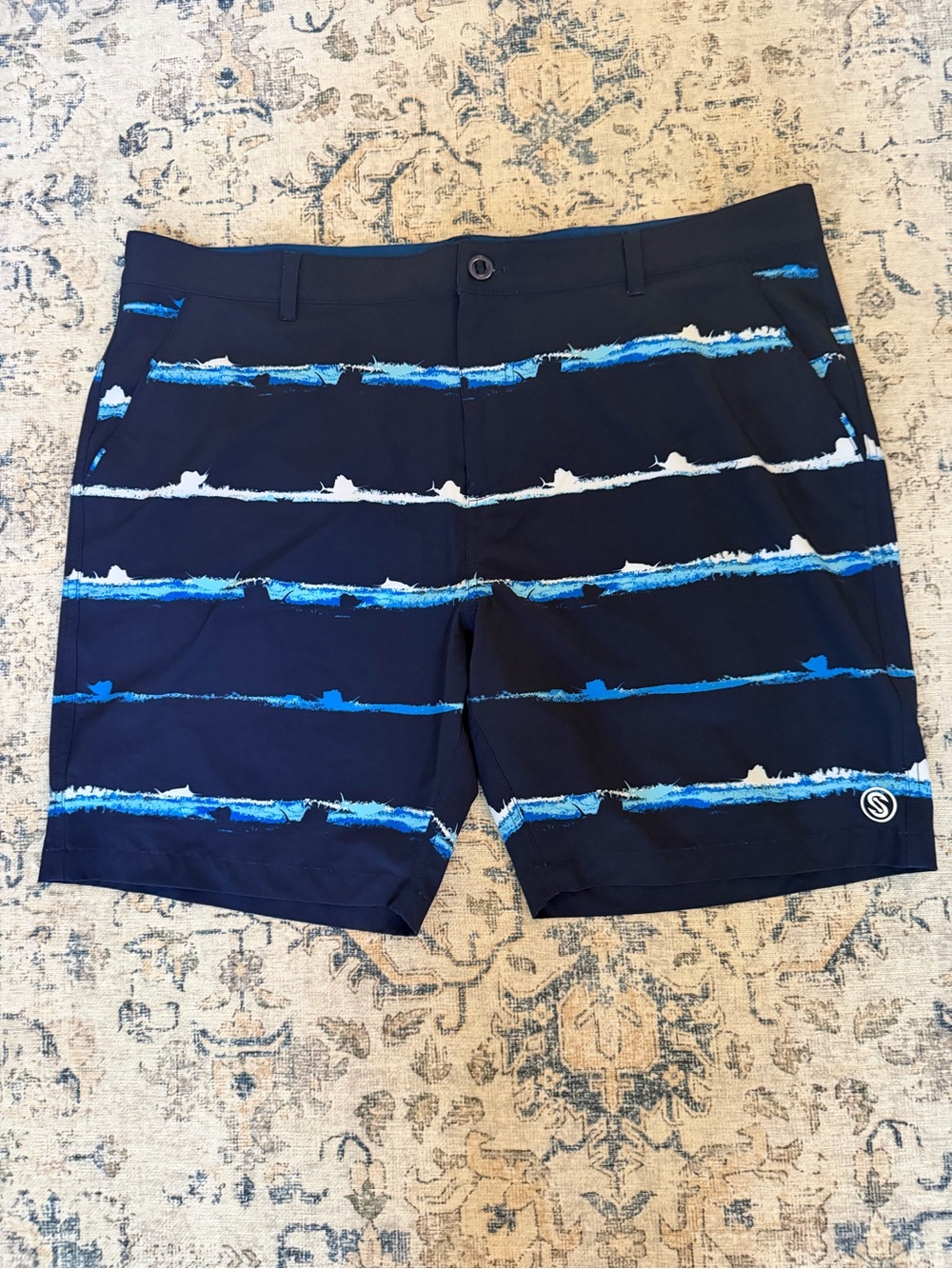 Scales Brand Striped Navy Blue Hybrid Swim Shorts with Blue and White Accents